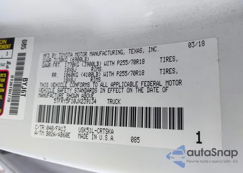 2018 Toyota Tundra Sr 5.7L V8 from USA, damaged, VIN 5TFRY5F10JX239134